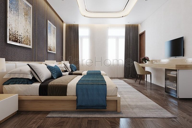 .
Mẫu thiết kế nội thất phòng ngủ khách sạn hiện đại và độc đáo bao gồm hai giường ngủ gỗ công nghiệp cao cấp kết hợp với các đồ nội thất phòng ngủ sang trọng và lịch lãm.