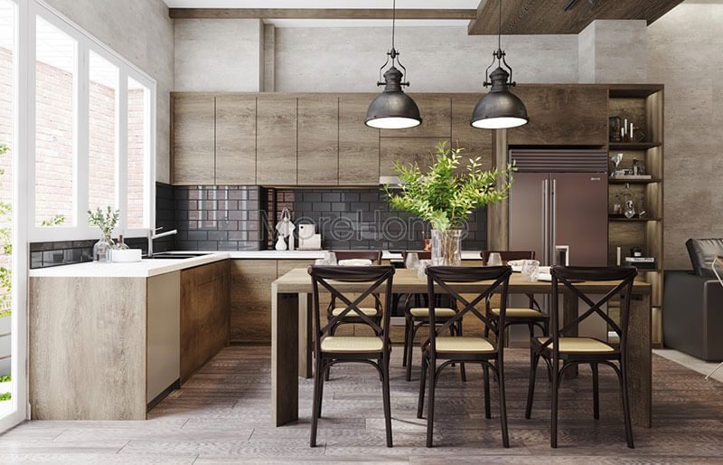 Thiết kế phòng bếp hiện đại với một mẫu tủ bếp gỗ chữ L để cung cấp sự tiện nghi cho người nội trợ.