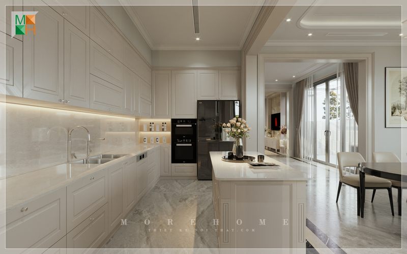 Thiết kế phòng bếp của nhà phố, biệt thự hiện đại được làm bằng tông màu trắng tinh tế, nhã nhặn và rộng rãi, giúp không gian trông sạch sẽ, thẩm mỹ cao.