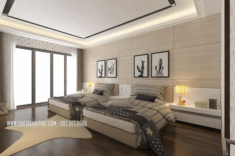 Khi KTS lựa chọn gỗ ốp tường kết hợp tranh canvas để trang trí sinh động cho phòng ngủ, bức tường sẽ giảm bớt đi sự thô cứng.